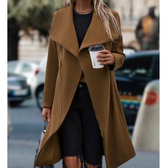 Zipper detailed Waterfall Collar Overcoat Jacket Coat mocha brown - Picture 6 of 6